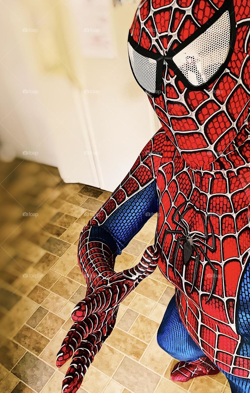 Woman dressed as Spider Man, woman wearing Spider Man costume for Halloween, Halloween costume, ready to pass out candy to trick or treaters on Halloween, super hero costumes 