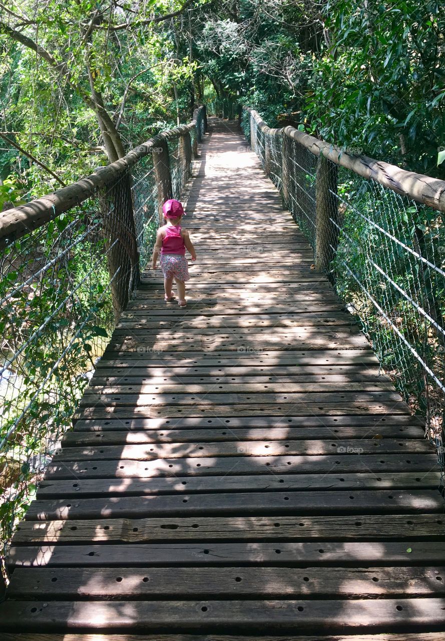 Passeando pela ponte, a garotinha vai chegando a seu destino no meio do bosque.  / Strolling over the bridge, the little girl comes to her destination in the woods.