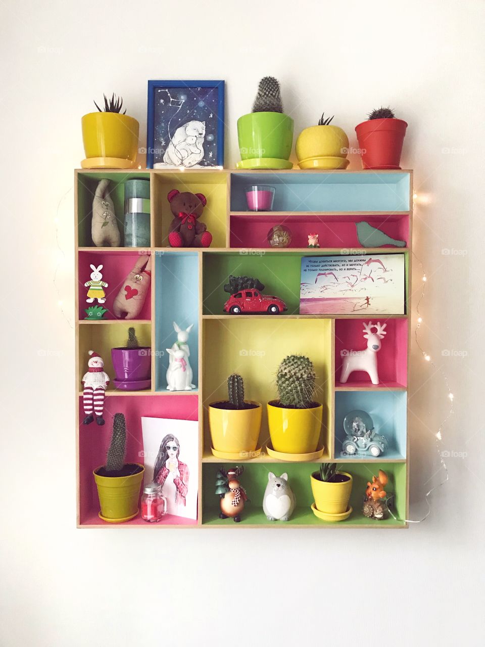 Colorful and cozy shelf with cactus and decor
