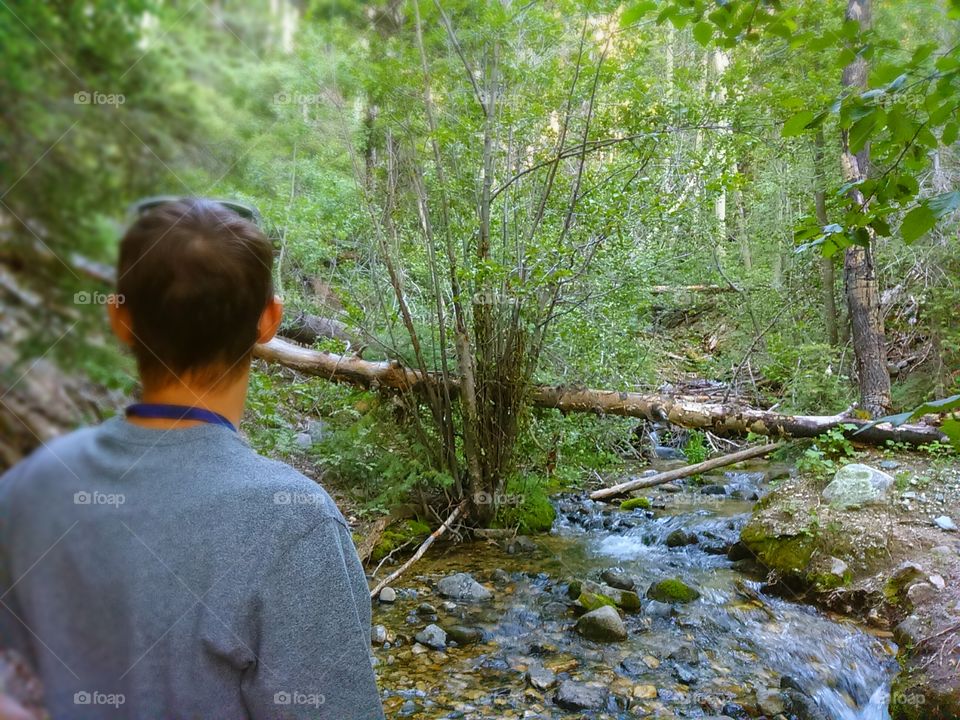 Man hiking on river in woods