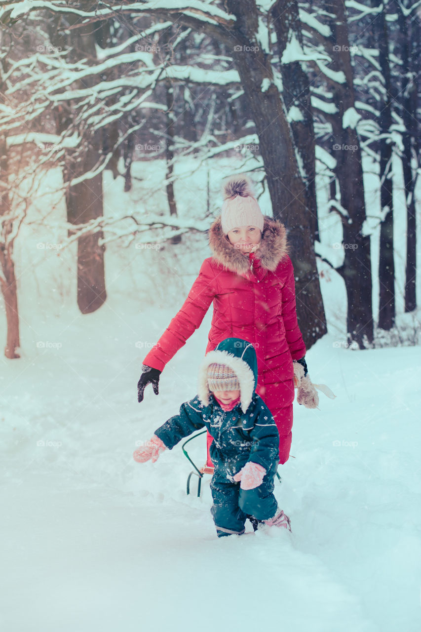 Mother and her little daughter are spending time together walking outdoors in forest in winter while snow falling. Woman is pulling sled, a few years old girl is walking through the deep snow, enjoying wintertime