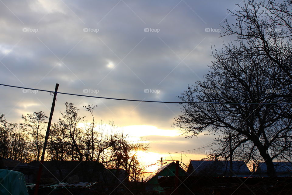 Beautiful sunset over the village countryside and trees