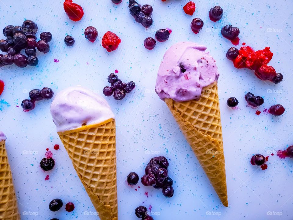 Wild blueberry and raspberry coconut ice cream waffle cones.