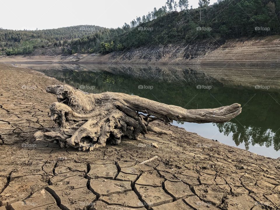 Dry and cracked river bed revealed during winter drought at Arega, Portugal in February of 2022.