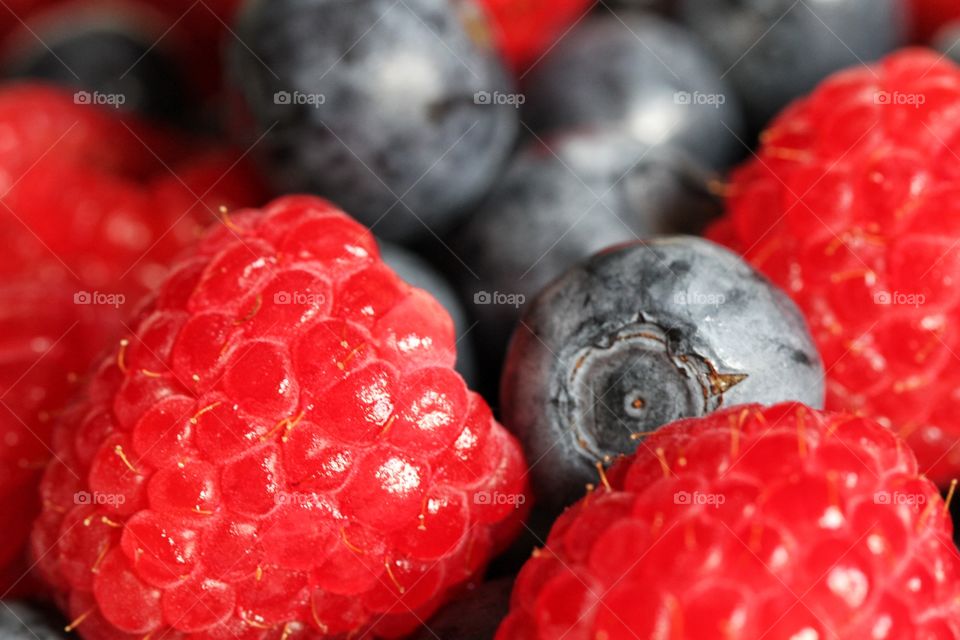 A frame full of ripe blueberries and raspberries.