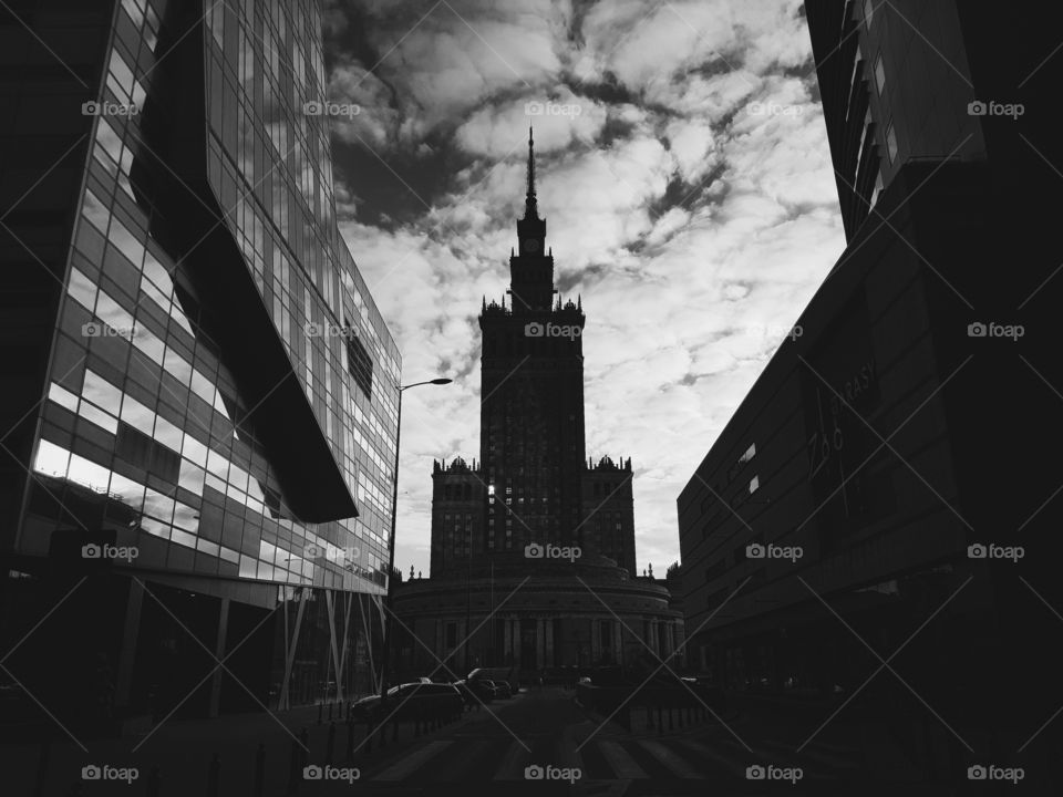 Monochrome city of Warsaw in morning settings.