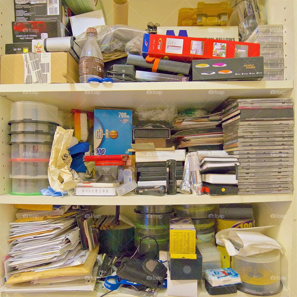 My stuff packed into a shelf