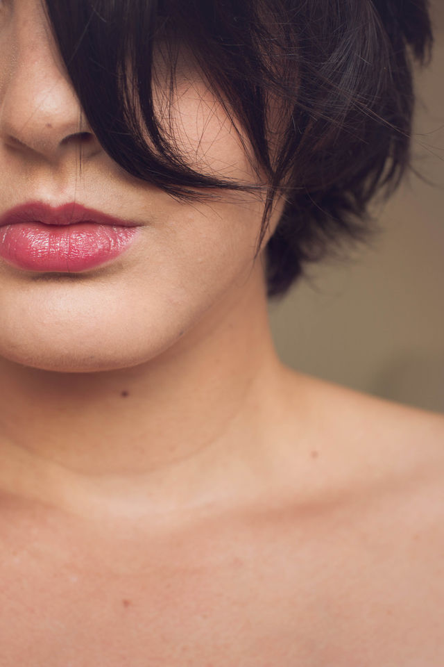 short hair and red lips