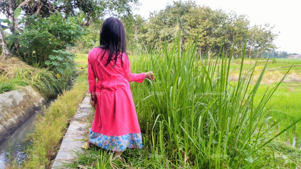Little girl playing by the river