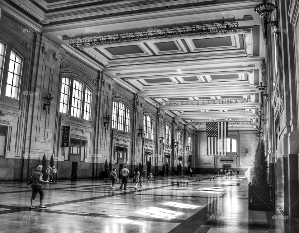 Black and white shot of Union Station interior in Kansas City.