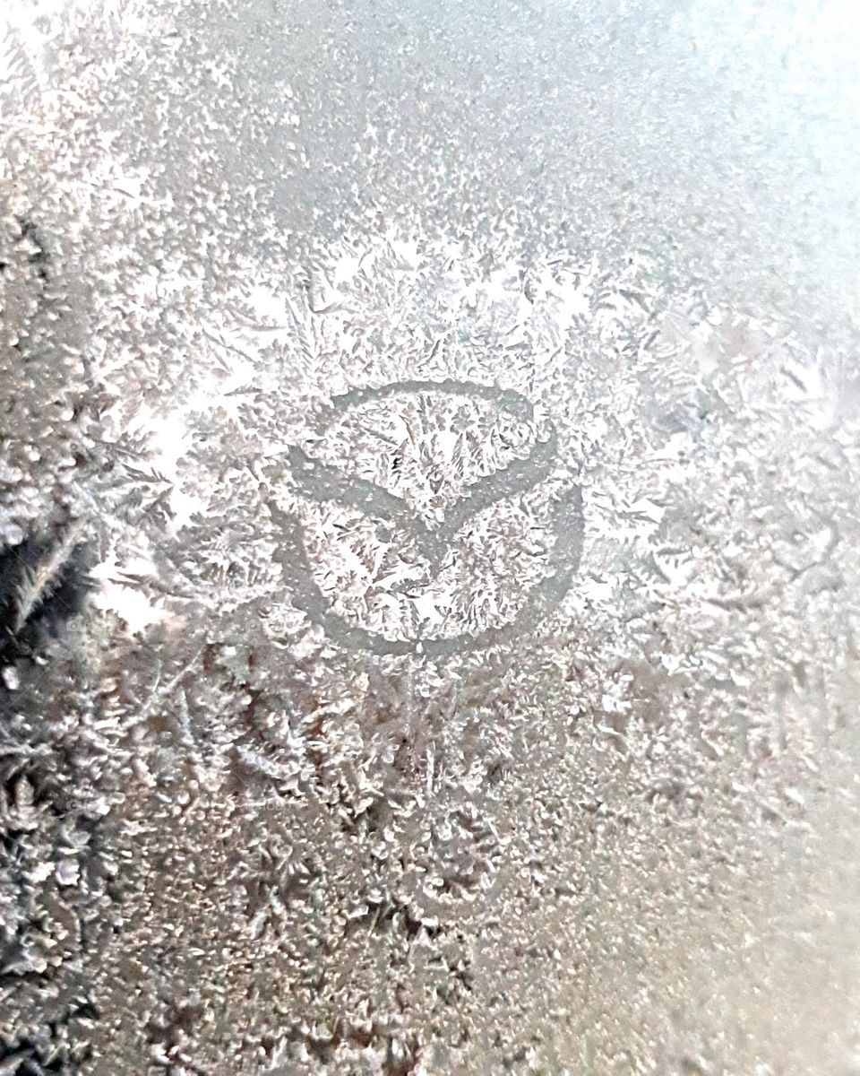 This picture is the Mazda logo adorned with ice flowers.