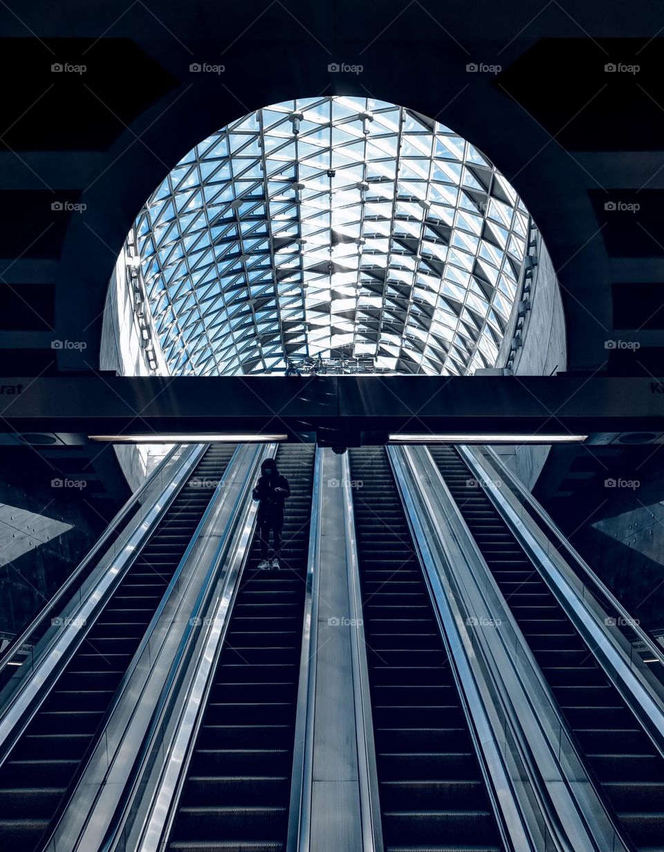 Escalator at the entrance or exit of a metro station in Budapest, Hungary