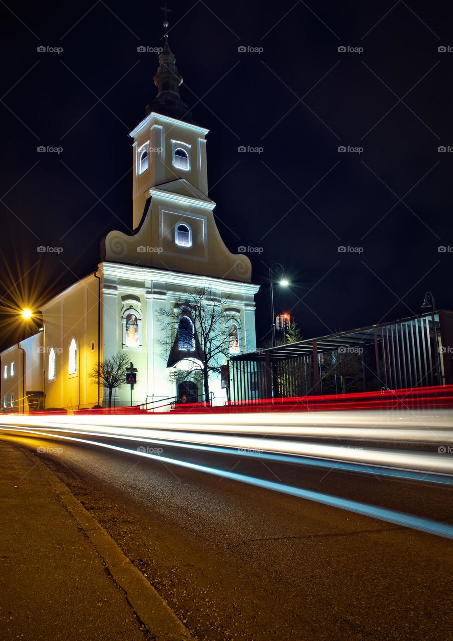 Night scene with church in Zabok, croatia, county hrvatsko zagorje