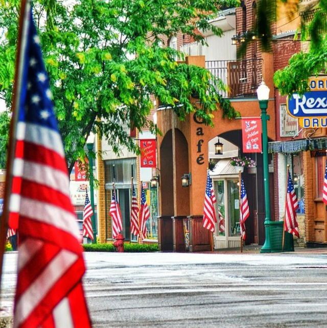 Small town street ready for an Independence Day celebration.
