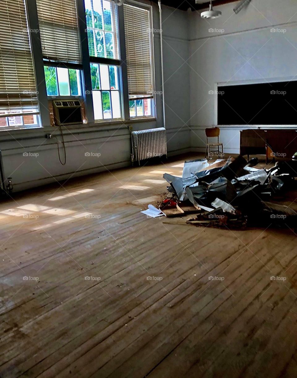 Classroom in an abandoned high school