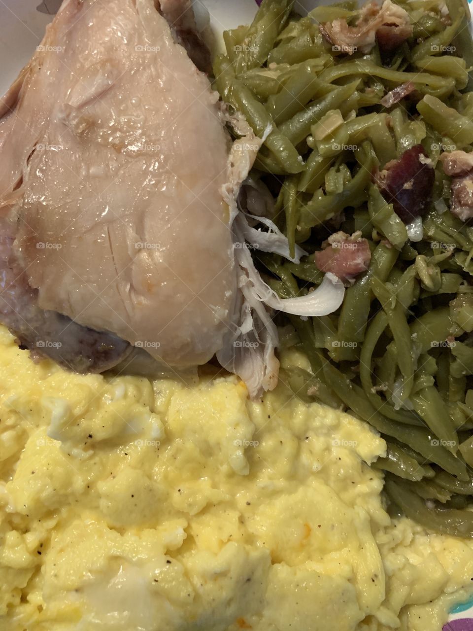 JPTSNW; Only What I’m Good At! Food, Muenster Cheesy Egg Breakfast with French style cut green beans and rotisserie skinless chicken thigh. 7 of ten