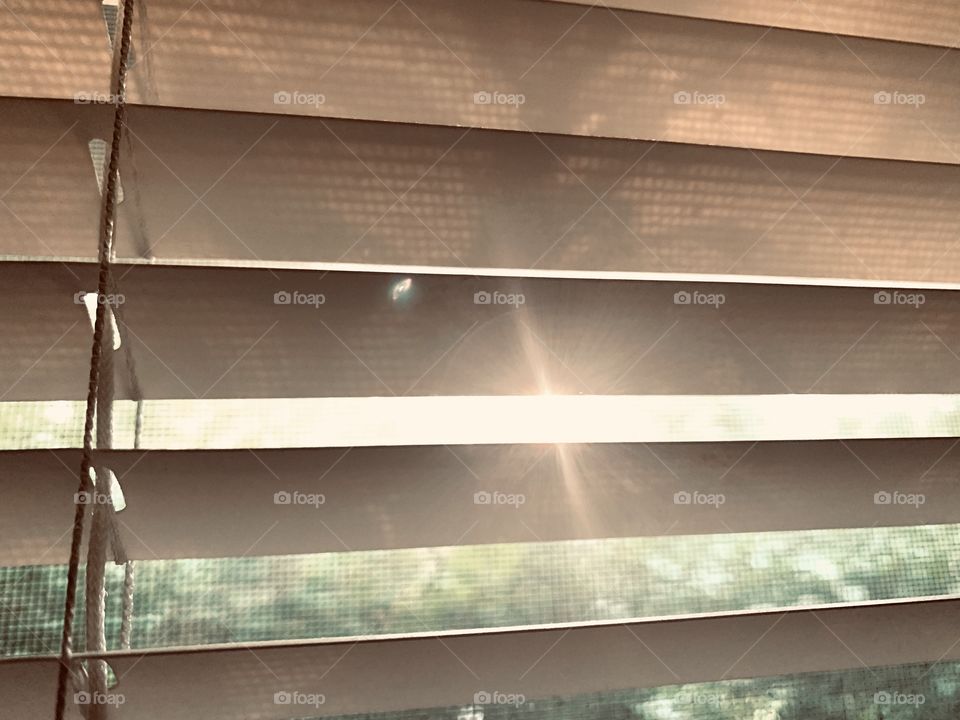 Through the rectangular blinds, the brilliant sun pokes through and starts to fall. 
