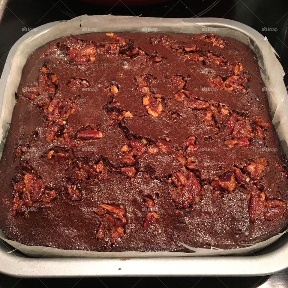 Homemade maple, pecan and bacon brownie