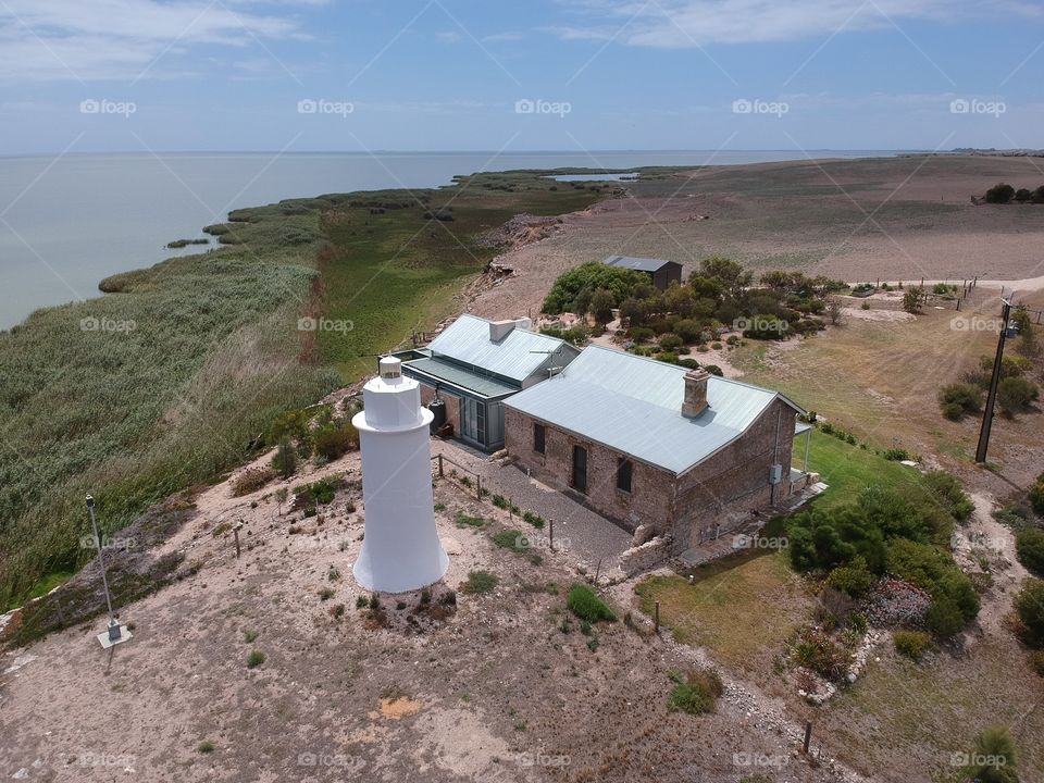 Aerial photo of the Narrung Lighthouse and residence