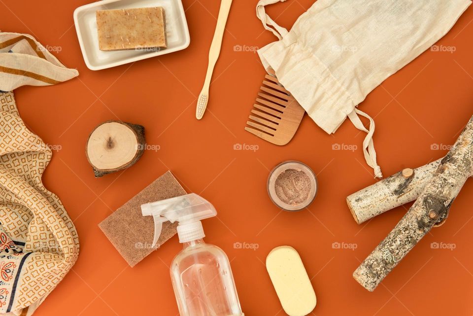 Brown monochromatic flat lay of natural, green, eco friendly hygiene products 