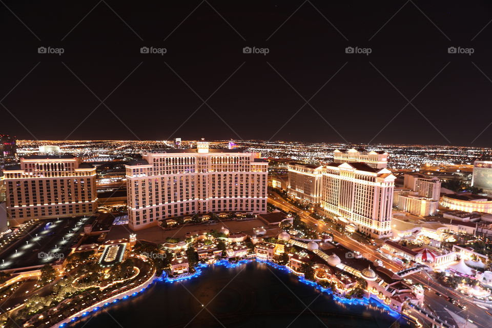 Las Vegas night skyline with the famed Bellagio.
Taken from the Eiffel Tower at the Paris Resort. 