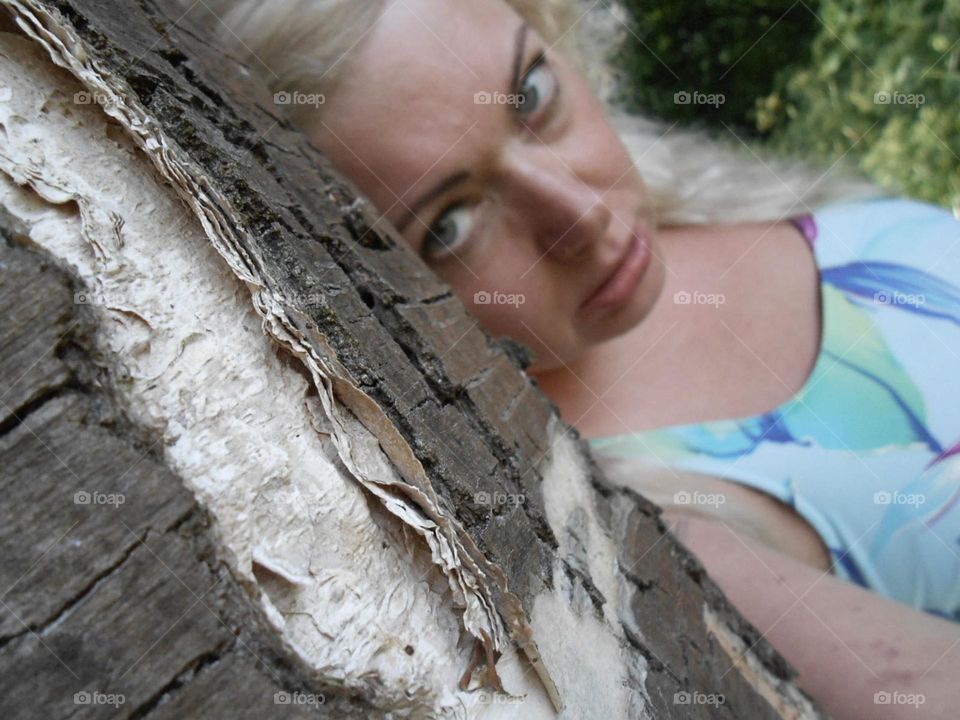 woman selfie tree forest nature photo