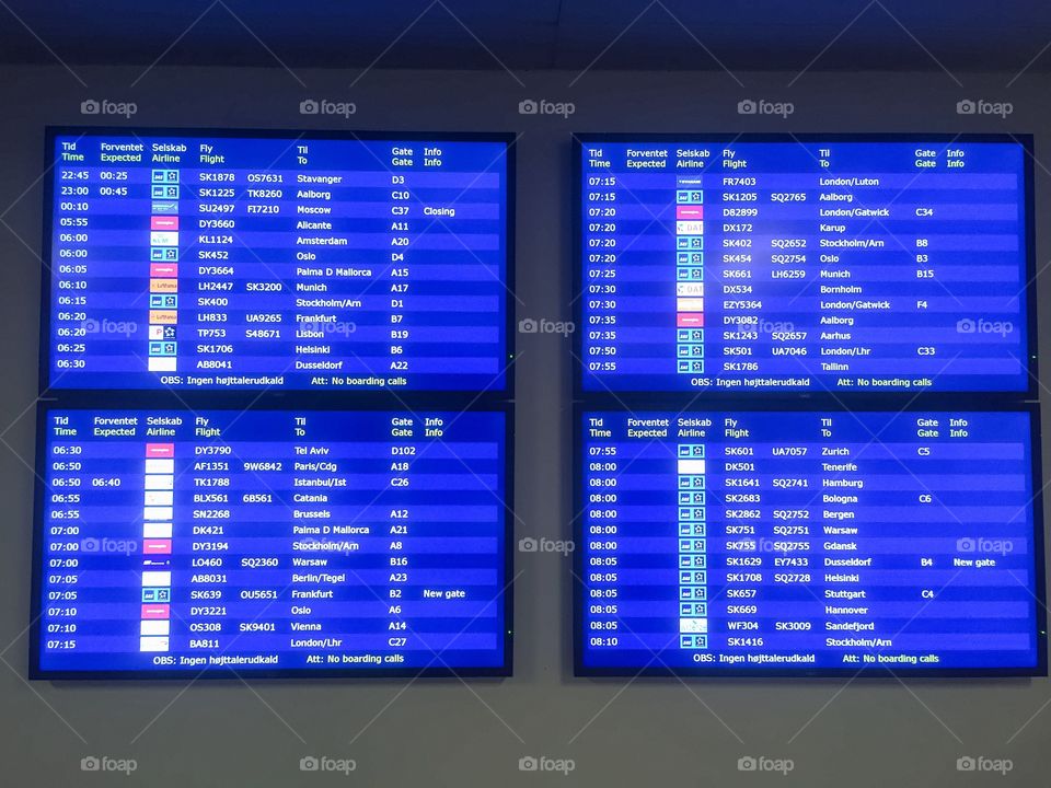 Flight information system at Copenhagen airport in Denmark.