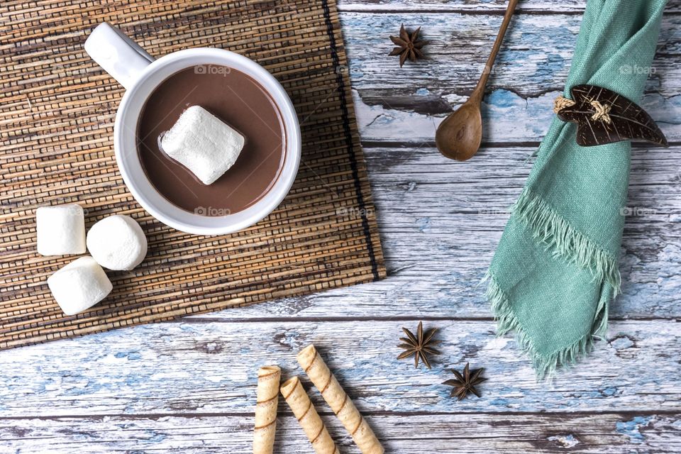 High angle view of hot chocolate and marshmallow