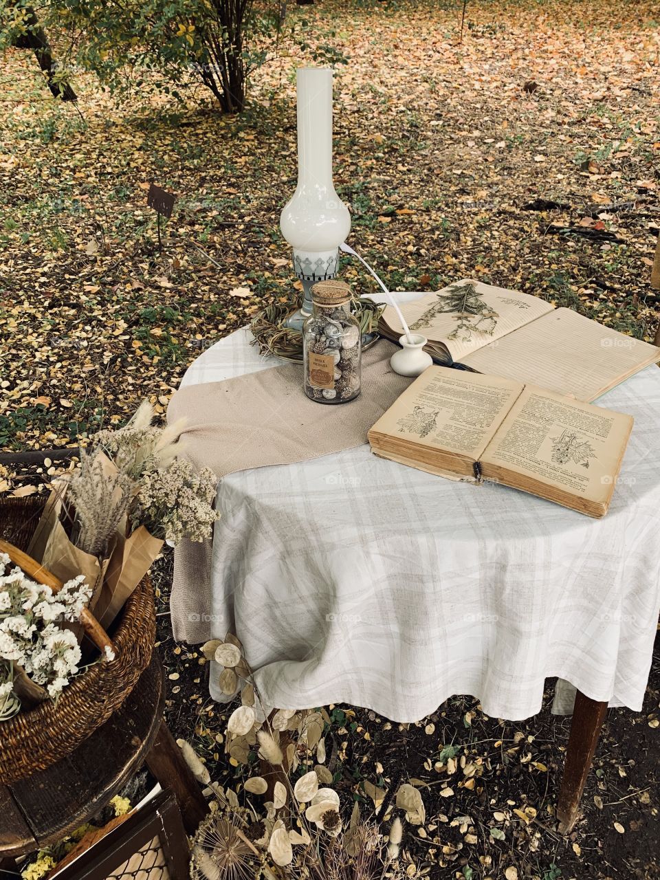 Celebrating autumn outdoors with vintage book and lamp 