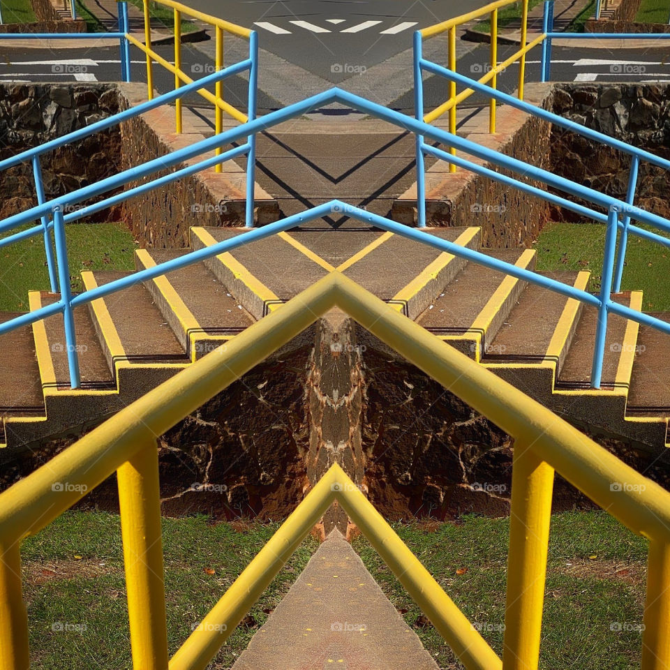 Collage of blue and yellow stair rails and markings