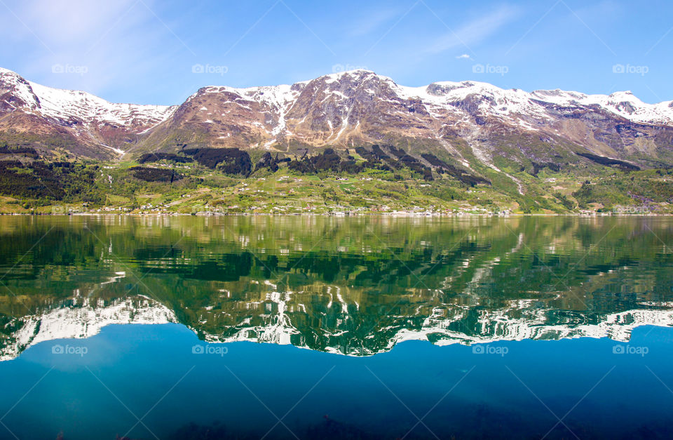 View of snowcapped mountain, Fjord, Norway