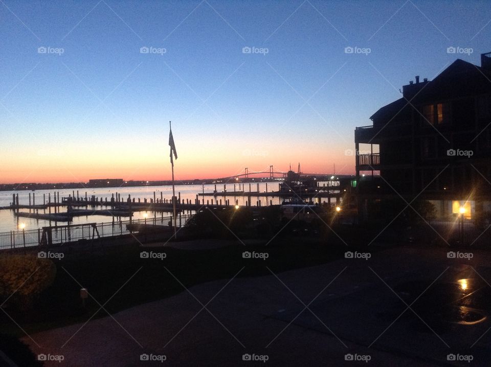 Sunset, Newport, ocean, flag, sky, skyline, piers 