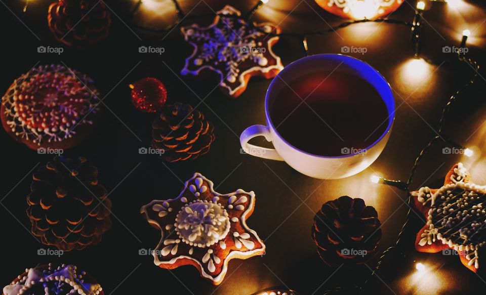 Gingerbread cookies and cup of tea 