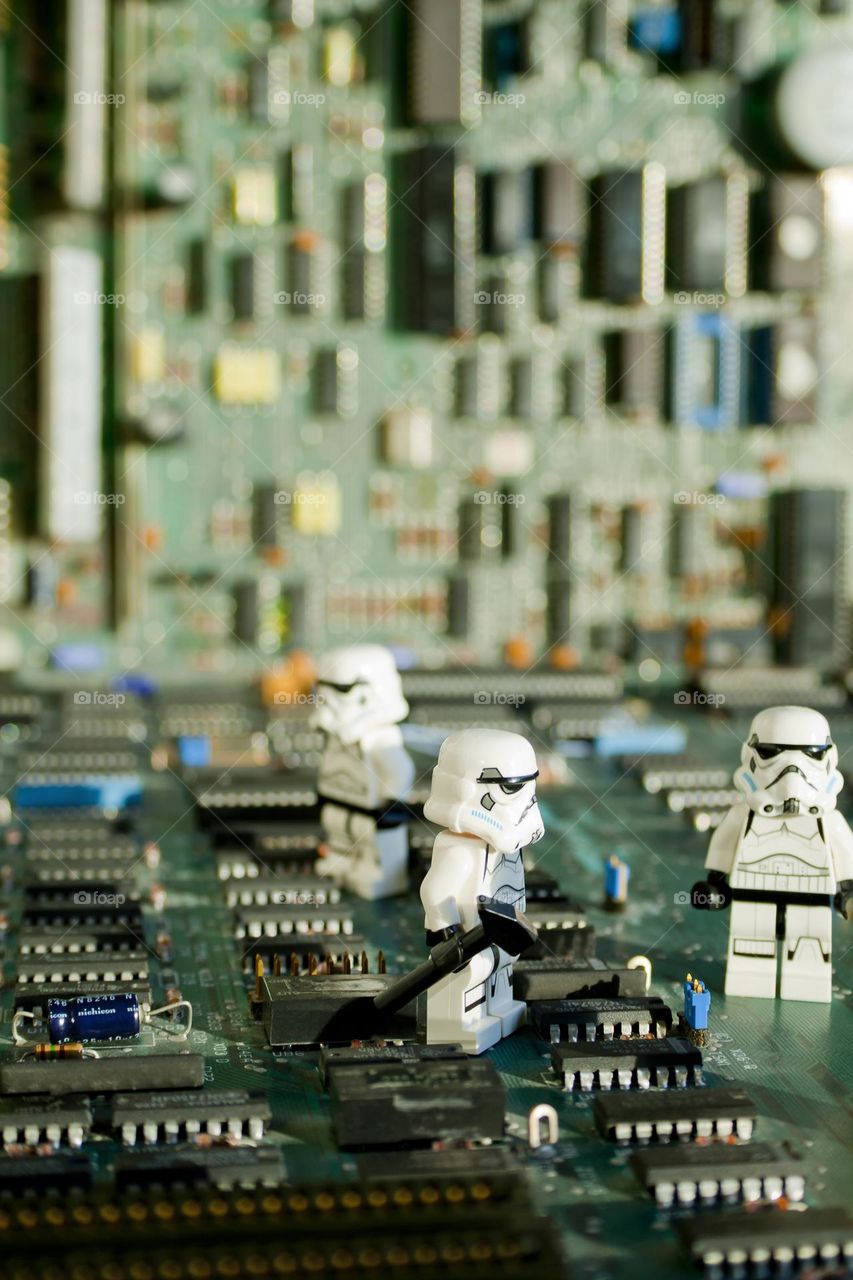 Stormtroopers haking a computer. Lego concept