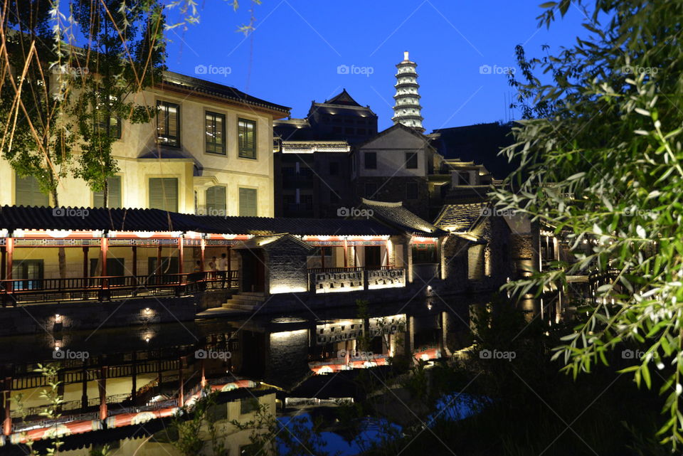 Asia China Beijing Simatai chinese water town at night light on pagoda in light