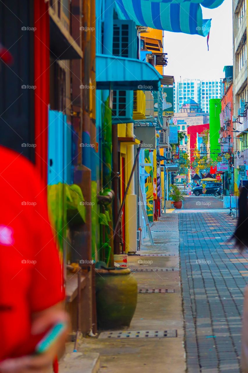 Colourful street with colourful buildings with decoration