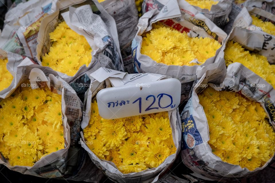 Flower in wrap at the most famous Wholesale Flower Pak Klong Talat Market in Bangkok