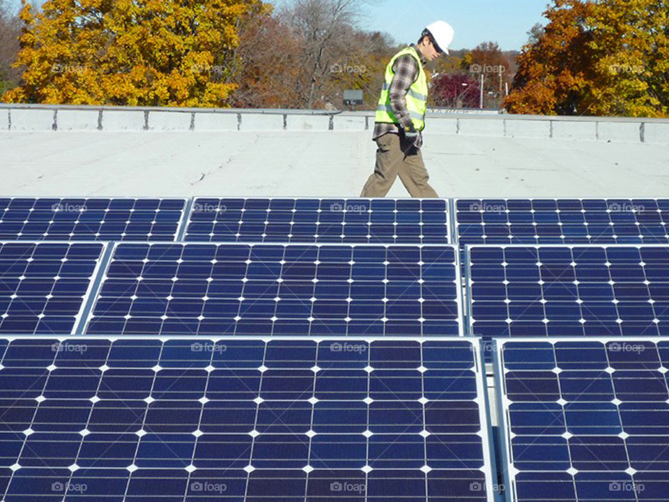 Solar panel install with technician