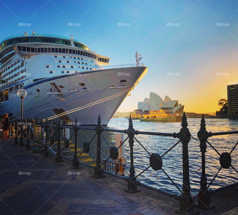 Sydney Opera House dwarfed by a passenger liner - iconic Australia 