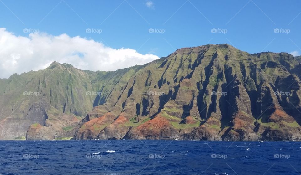 Napali coast mountains in kauai, Hawaii, edges on hills, over blue ocean shoreline