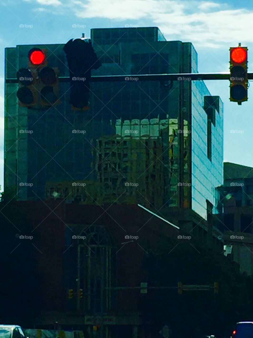 Red lights building reflection