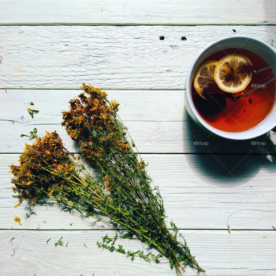 Close-up of tea with lemon