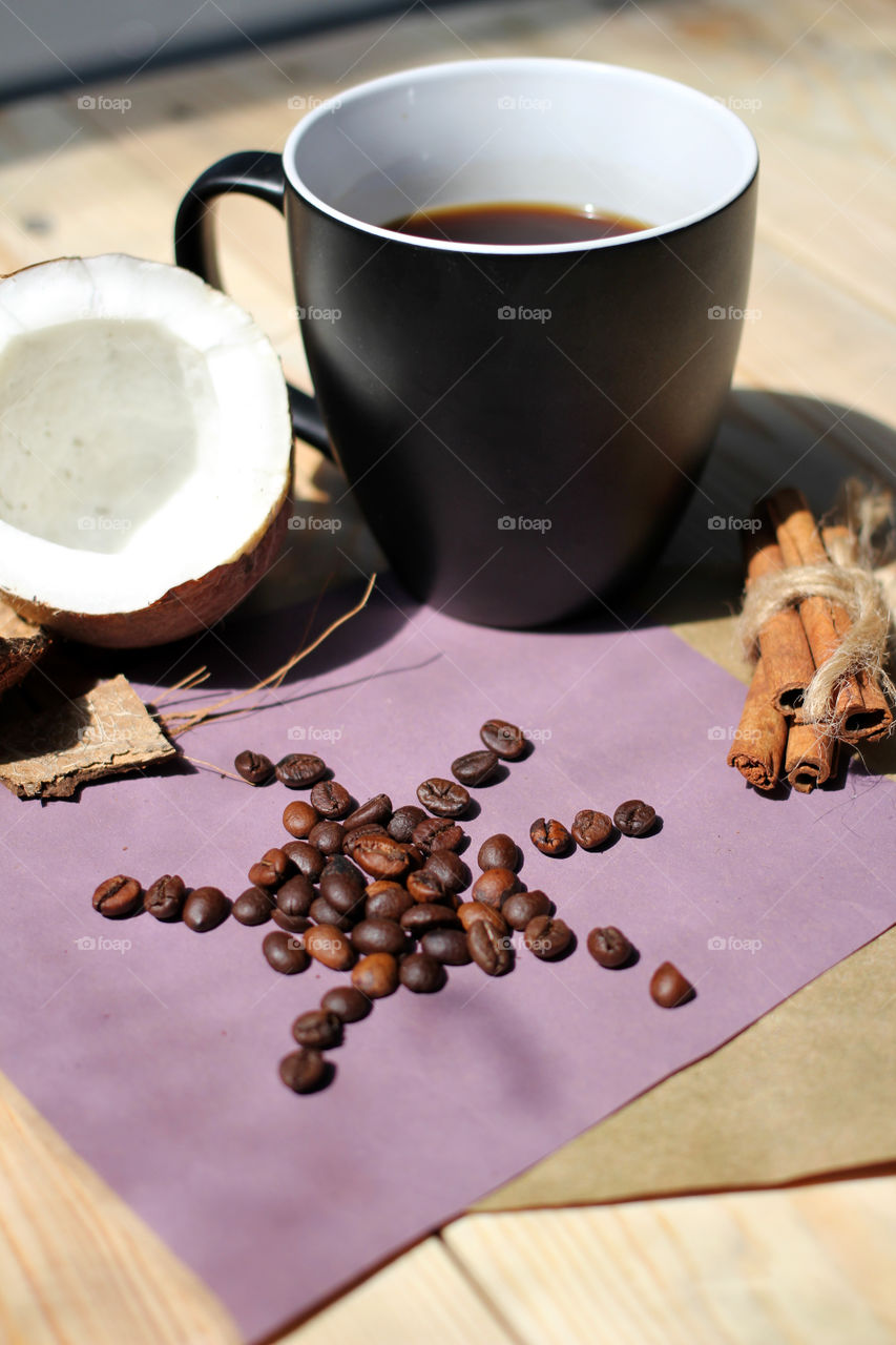 Coffee, hot drink, drink, grain, coffee beans, cinnamon, sticks cinnamon, lilac, flowers, purple flowers, bouquet, flowers in a vase, vase, coconut, chocolate, rest, morning, work, cafe, restaurant