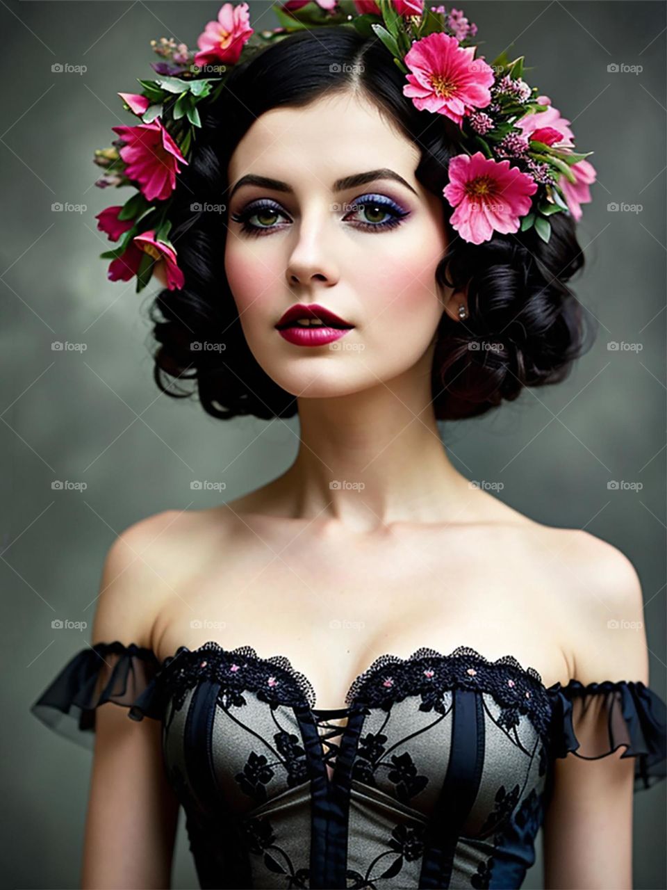 a beautiful woman in a gothic dress and a wreath of flowers on her head