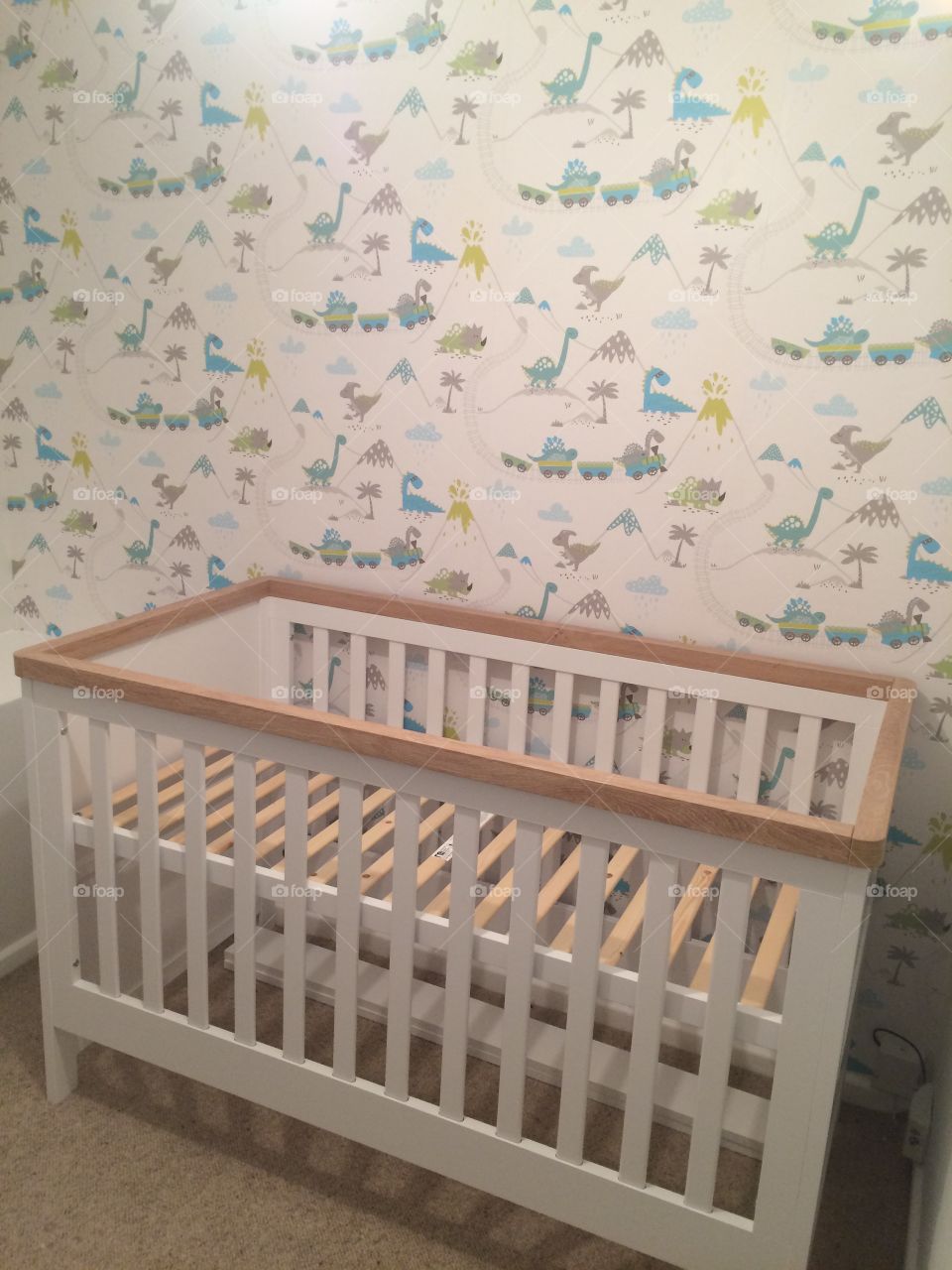 Baby’s nursery room decorated feature wall dinosaur wallpaper crib cot bed 