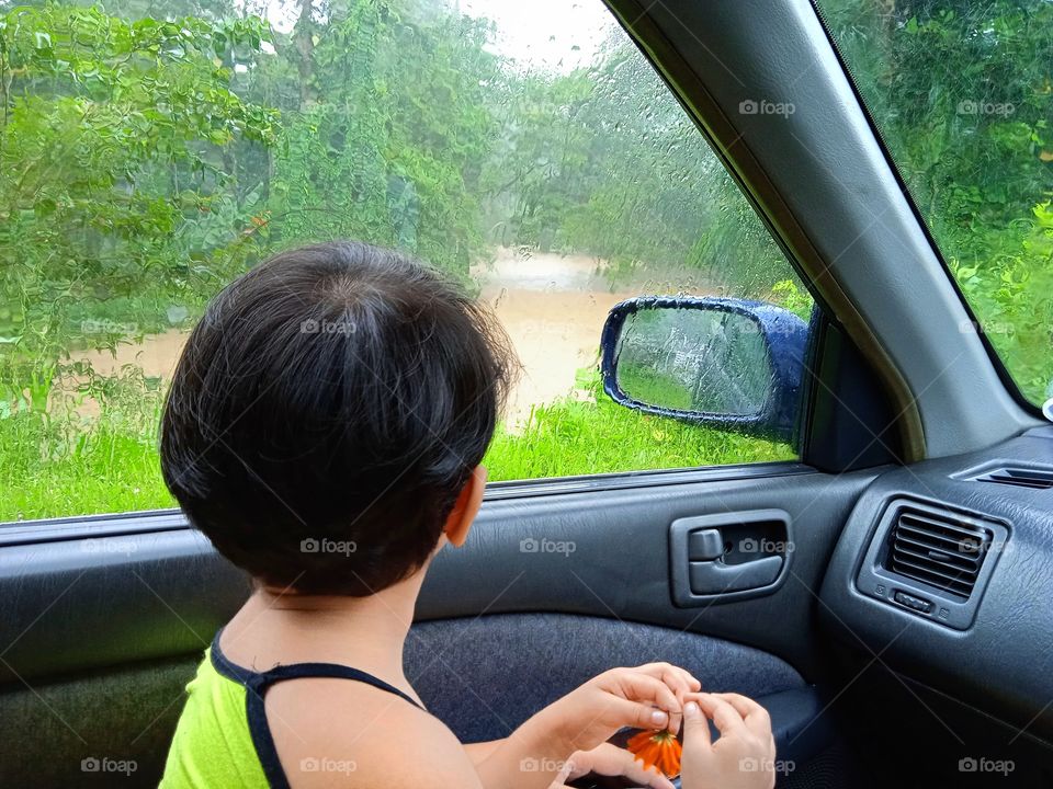 river view from car window in a rainy day