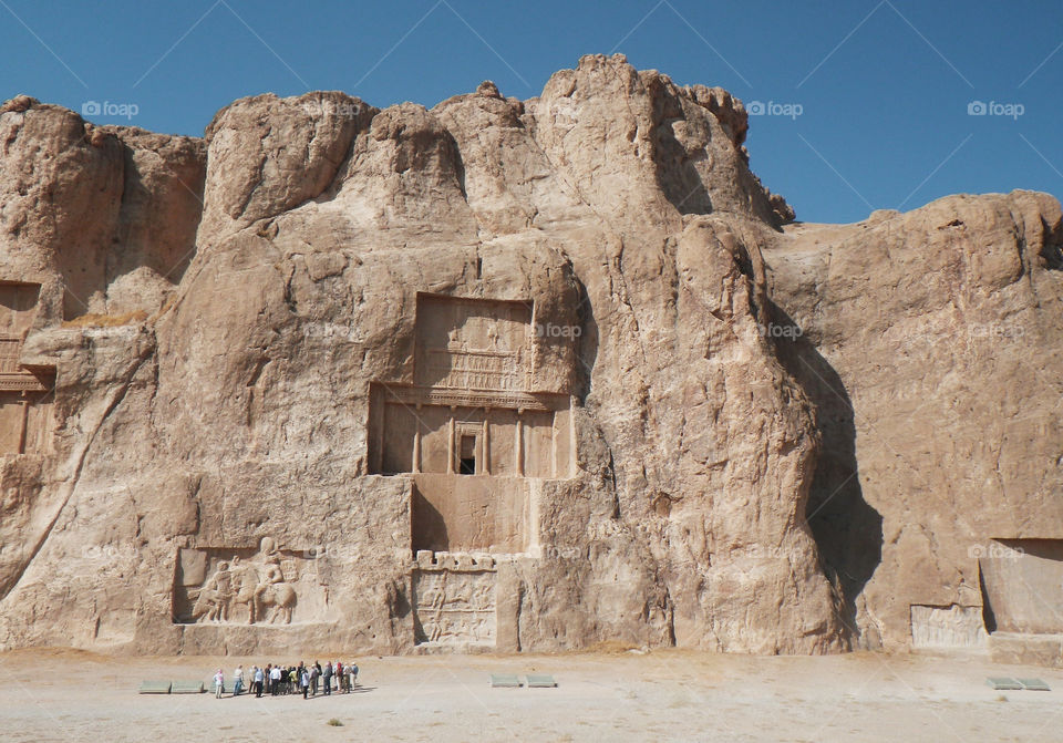 Grand rocks and the old temple in the rocks. Travel to Iran