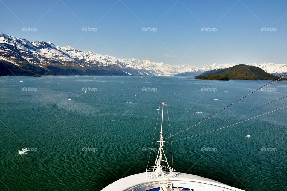 View of Alaska from the bow of a cruise ship in winter