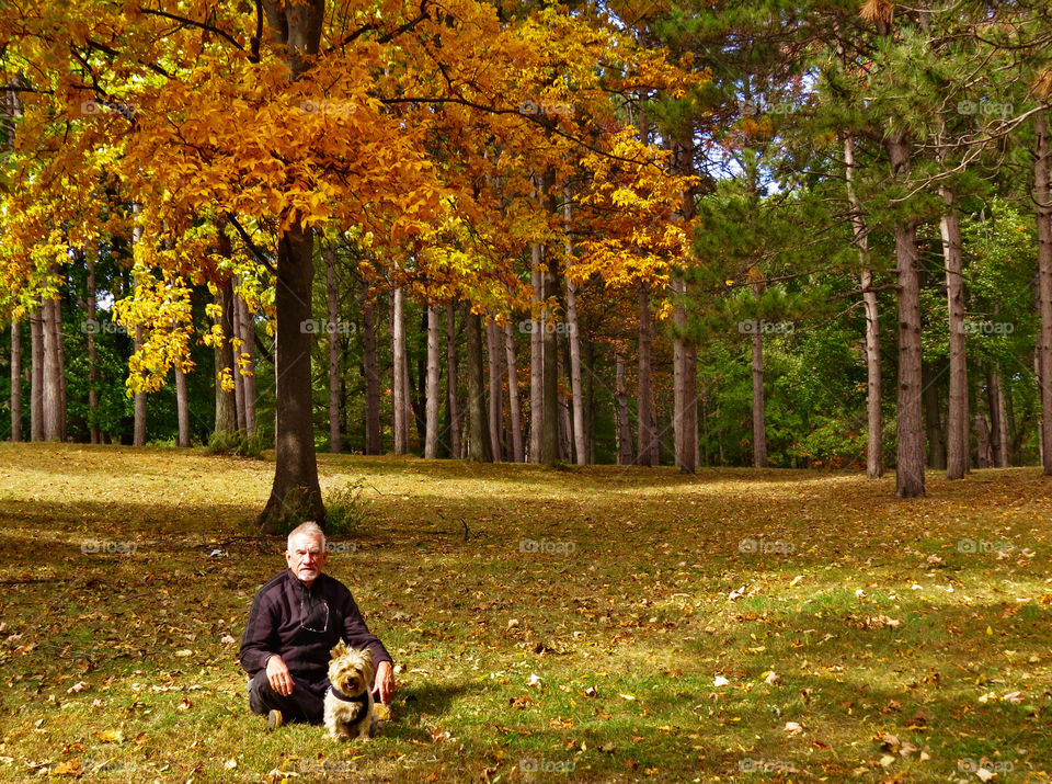 Senior man sitting in park with dog