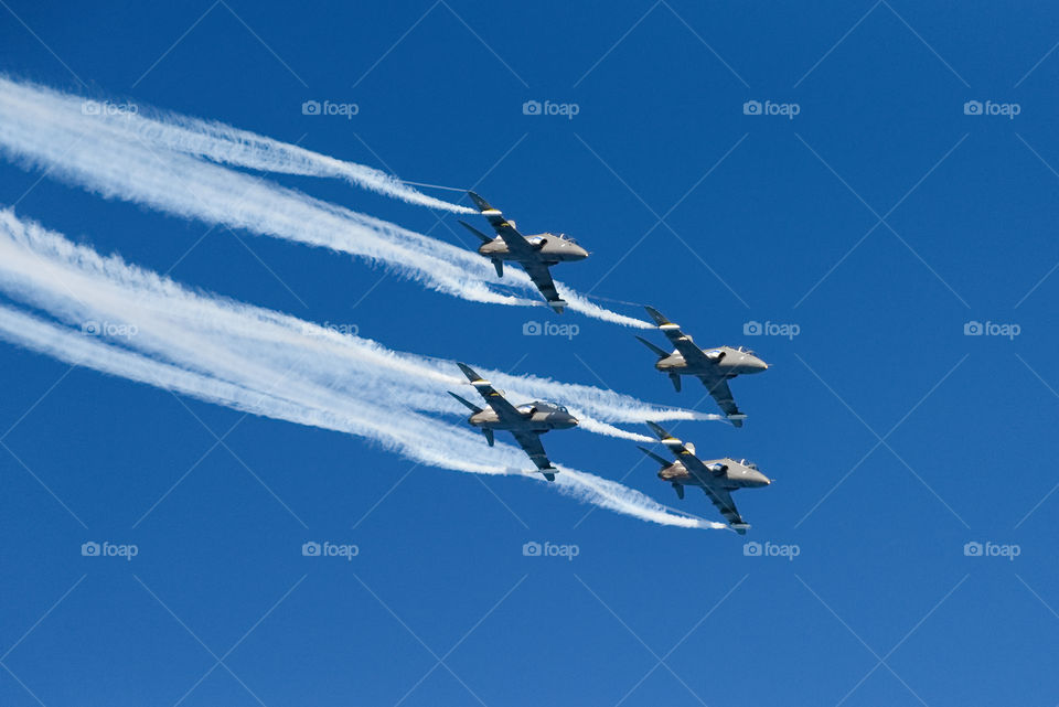 Helsinki, Finland - 9 June 2017: The Finnish Air Force Display Team Midnight Hawks celebrating 20th anniversary of the team and 100 years centenary of Finland at the  Kaivopuisto Air Show.